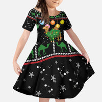 Kuwait Christmas Family Matching Short Sleeve Bodycon Dress and Hawaiian Shirt with Camel in Festive Ornaments Snowflakes and Green Red - Wonder Print Shop