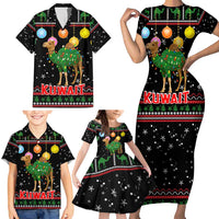Kuwait Christmas Family Matching Short Sleeve Bodycon Dress and Hawaiian Shirt with Camel in Festive Ornaments Snowflakes and Green Red - Wonder Print Shop