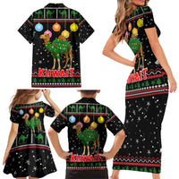 Kuwait Christmas Family Matching Short Sleeve Bodycon Dress and Hawaiian Shirt with Camel in Festive Ornaments Snowflakes and Green Red - Wonder Print Shop