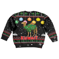 Kuwait Christmas Kid Ugly Christmas Sweater with Camel in Festive Ornaments Snowflakes and Green Red - Wonder Print Shop