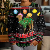 Kuwait Christmas Kid Ugly Christmas Sweater with Camel in Festive Ornaments Snowflakes and Green Red - Wonder Print Shop