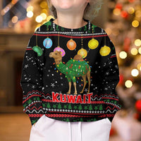 Kuwait Christmas Kid Ugly Christmas Sweater with Camel in Festive Ornaments Snowflakes and Green Red - Wonder Print Shop