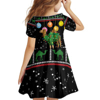 Kuwait Christmas Kid Short Sleeve Dress with Camel in Festive Ornaments Snowflakes and Green Red - Wonder Print Shop