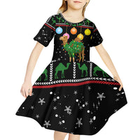 Kuwait Christmas Kid Short Sleeve Dress with Camel in Festive Ornaments Snowflakes and Green Red - Wonder Print Shop