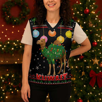 Kuwait Christmas Knitted V-Neck Vest with Camel in Festive Ornaments Snowflakes and Green Red - Wonder Print Shop