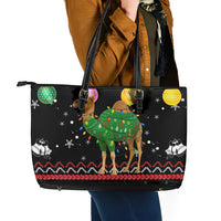 Kuwait Christmas Leather Tote Bag with Camel in Festive Ornaments Snowflakes and Green Red - Wonder Print Shop