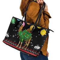 Kuwait Christmas Leather Tote Bag with Camel in Festive Ornaments Snowflakes and Green Red - Wonder Print Shop