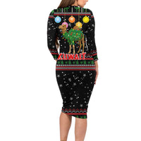 Kuwait Christmas Long Sleeve Bodycon Dress with Camel in Festive Ornaments Snowflakes and Green Red - Wonder Print Shop