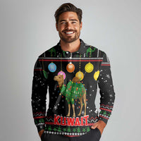Kuwait Christmas Long Sleeve Polo Shirt with Camel in Festive Ornaments Snowflakes and Green Red - Wonder Print Shop