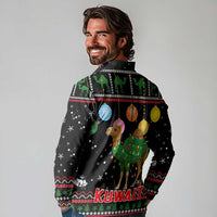 Kuwait Christmas Long Sleeve Polo Shirt with Camel in Festive Ornaments Snowflakes and Green Red - Wonder Print Shop