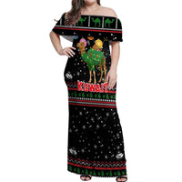 Kuwait Christmas Off Shoulder Maxi Dress with Camel in Festive Ornaments Snowflakes and Green Red - Wonder Print Shop