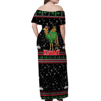 Kuwait Christmas Off Shoulder Maxi Dress with Camel in Festive Ornaments Snowflakes and Green Red - Wonder Print Shop