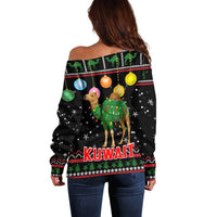Kuwait Christmas Off Shoulder Sweater with Camel in Festive Ornaments Snowflakes and Green Red - Wonder Print Shop