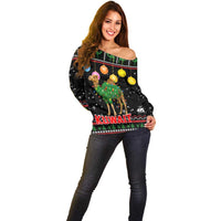 Kuwait Christmas Off Shoulder Sweater with Camel in Festive Ornaments Snowflakes and Green Red - Wonder Print Shop
