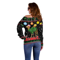 Kuwait Christmas Off Shoulder Sweater with Camel in Festive Ornaments Snowflakes and Green Red - Wonder Print Shop