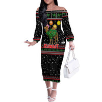 Kuwait Christmas Off The Shoulder Long Sleeve Dress with Camel in Festive Ornaments Snowflakes and Green Red - Wonder Print Shop
