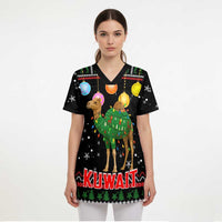 Kuwait Christmas Scrub Top with Camel in Festive Ornaments Snowflakes and Green Red - Wonder Print Shop