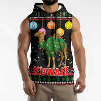 Kuwait Christmas Sleeveless Hoodie with Camel in Festive Ornaments Snowflakes and Green Red - Wonder Print Shop