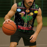 Kuwait Christmas Sleeveless Zip Hoodie with Camel in Festive Ornaments Snowflakes and Green Red - Wonder Print Shop