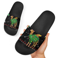 Kuwait Christmas Slide Sandals with Camel in Festive Ornaments Snowflakes and Green Red - Wonder Print Shop