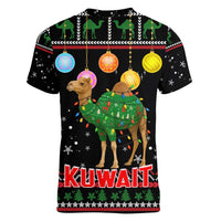 Kuwait Christmas Women V-Neck T-Shirt with Camel in Festive Ornaments Snowflakes and Green Red - Wonder Print Shop