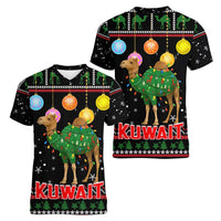 Kuwait Christmas Women V-Neck T-Shirt with Camel in Festive Ornaments Snowflakes and Green Red - Wonder Print Shop