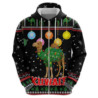 Kuwait Christmas Zip Hoodie with Camel in Festive Ornaments Snowflakes and Green Red - Wonder Print Shop