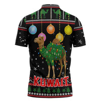 Kuwait Christmas Zipper Polo Shirt with Camel in Festive Ornaments Snowflakes and Green Red - Wonder Print Shop