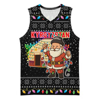 Kyrgyzstan Christmas Basketball Jersey with Santa Decorating Yurt Colorful Lights Snowflakes and National - Wonder Print Shop