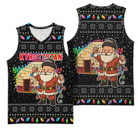 Kyrgyzstan Christmas Basketball Jersey with Santa Decorating Yurt Colorful Lights Snowflakes and National - Wonder Print Shop