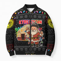Kyrgyzstan Christmas Bomber Puffer Jacket with Santa Decorating Yurt Colorful Lights Snowflakes and National - Wonder Print Shop
