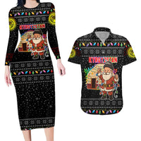 Kyrgyzstan Christmas Couples Matching Long Sleeve Bodycon Dress and Hawaiian Shirt with Santa Decorating Yurt Colorful Lights Snowflakes and National - Wonder Print Shop