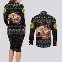 Kyrgyzstan Christmas Couples Matching Long Sleeve Bodycon Dress and Long Sleeve Button Shirt with Santa Decorating Yurt Colorful Lights Snowflakes and National - Wonder Print Shop
