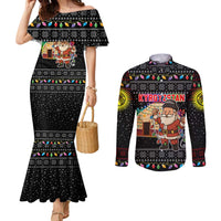 Kyrgyzstan Christmas Couples Matching Mermaid Dress and Long Sleeve Button Shirt with Santa Decorating Yurt Colorful Lights Snowflakes and National - Wonder Print Shop