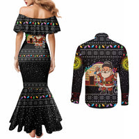 Kyrgyzstan Christmas Couples Matching Mermaid Dress and Long Sleeve Button Shirt with Santa Decorating Yurt Colorful Lights Snowflakes and National - Wonder Print Shop