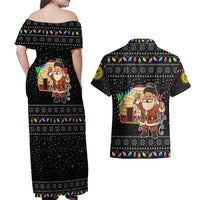 Kyrgyzstan Christmas Couples Matching Off Shoulder Maxi Dress and Hawaiian Shirt with Santa Decorating Yurt Colorful Lights Snowflakes and National - Wonder Print Shop