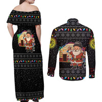 Kyrgyzstan Christmas Couples Matching Off Shoulder Maxi Dress and Long Sleeve Button Shirt with Santa Decorating Yurt Colorful Lights Snowflakes and National - Wonder Print Shop