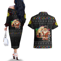 Kyrgyzstan Christmas Couples Matching Off The Shoulder Long Sleeve Dress and Hawaiian Shirt with Santa Decorating Yurt Colorful Lights Snowflakes and National - Wonder Print Shop