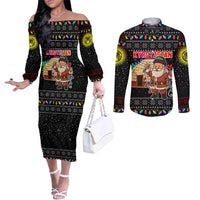 Kyrgyzstan Christmas Couples Matching Off The Shoulder Long Sleeve Dress and Long Sleeve Button Shirt with Santa Decorating Yurt Colorful Lights Snowflakes and National - Wonder Print Shop