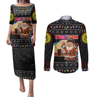 Kyrgyzstan Christmas Couples Matching Puletasi and Long Sleeve Button Shirt with Santa Decorating Yurt Colorful Lights Snowflakes and National - Wonder Print Shop