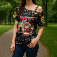 Kyrgyzstan Christmas Cross Shoulder Shirt with Santa Decorating Yurt Colorful Lights Snowflakes and National - Wonder Print Shop