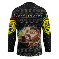 Kyrgyzstan Christmas Hockey Jersey with Santa Decorating Yurt Colorful Lights Snowflakes and National - Wonder Print Shop