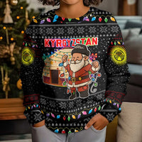 Kyrgyzstan Christmas Kid Ugly Christmas Sweater with Santa Decorating Yurt Colorful Lights Snowflakes and National - Wonder Print Shop