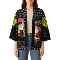Kyrgyzstan Christmas Kimono with Santa Decorating Yurt Colorful Lights Snowflakes and National - Wonder Print Shop