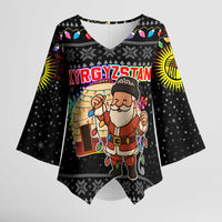 Kyrgyzstan Christmas Kimono Sleeve Blouse with Santa Decorating Yurt Colorful Lights Snowflakes and National - Wonder Print Shop