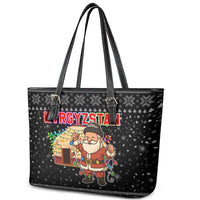 Kyrgyzstan Christmas Leather Tote Bag with Santa Decorating Yurt Colorful Lights Snowflakes and National - Wonder Print Shop