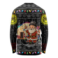 Kyrgyzstan Christmas Long Sleeve Shirt with Santa Decorating Yurt Colorful Lights Snowflakes and National - Wonder Print Shop