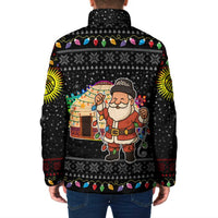 Kyrgyzstan Christmas Padded Jacket with Santa Decorating Yurt Colorful Lights Snowflakes and National - Wonder Print Shop