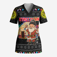 Kyrgyzstan Christmas Scrub Top with Santa Decorating Yurt Colorful Lights Snowflakes and National - Wonder Print Shop