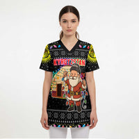 Kyrgyzstan Christmas Scrub Top with Santa Decorating Yurt Colorful Lights Snowflakes and National - Wonder Print Shop